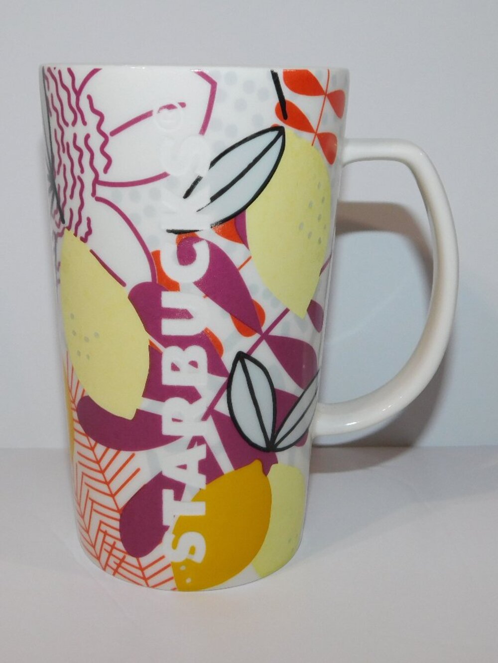 Starbucks 2015 Tropical Lemon Floral 16 oz Tall Ceramic Mug Yellow Red Purple